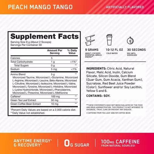 Optimum Nutrition ESSENTIAL AMIN.O. ENERGY® *new* Peach Mango Tango - Notify Me 0.6 lb - Notify me Danmark | OYMRPT430