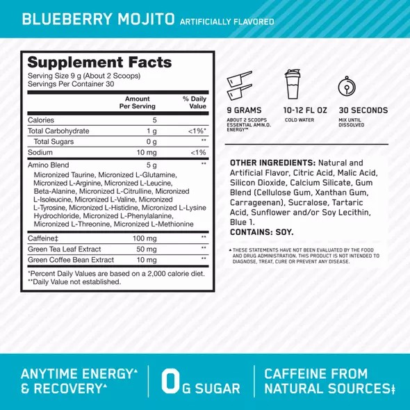 Optimum Nutrition ESSENTIAL AMIN.O. ENERGY® Blueberry Mojito 0.6 lb (30 Servings) Danmark | KSGYDN480