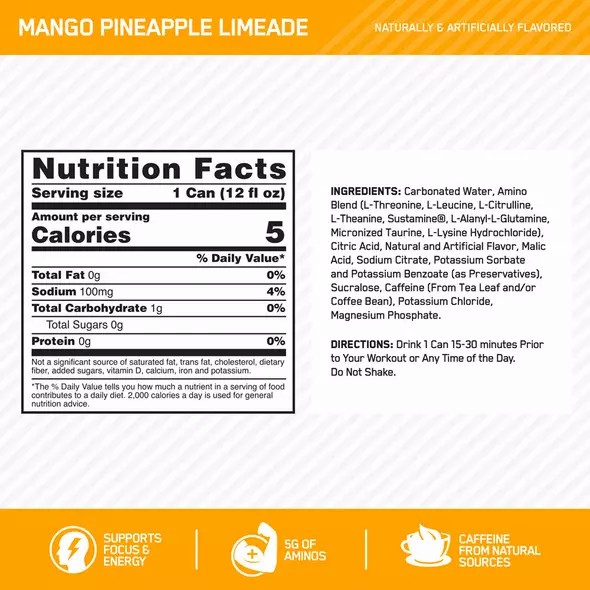 Optimum Nutrition ESSENTIAL AMIN.O. ENERGY+ Electrolytes Sparkling Mango Pineapple Lime 355ml * 12 Cans (12 Servings) Danmark | XANETL027