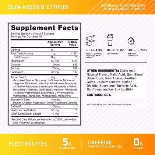Optimum Nutrition Essential AMIN.O. ENERGY + Electrolytes *new* Sun-kissed Citrus 0.63 lb (30 Servings) Danmark | YZWXOT260