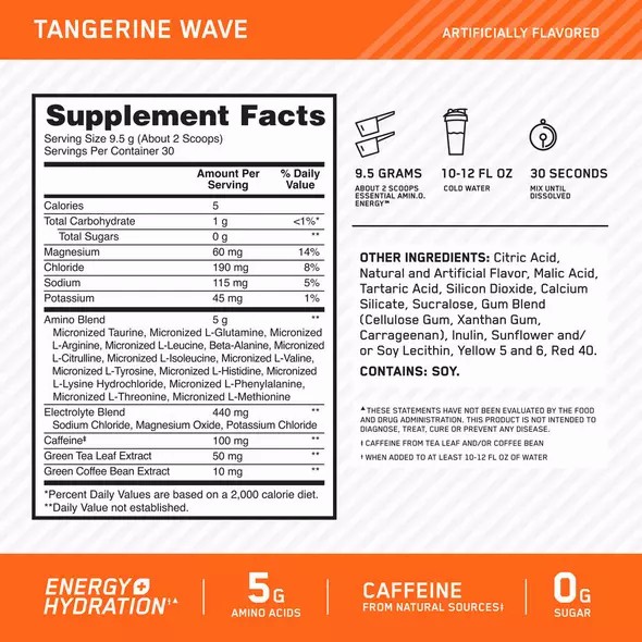 Optimum Nutrition Essential AMIN.O. ENERGY + Electrolytes Tangerine Wave 0.63 lb (30 Servings) Danmark | QSRAVI176