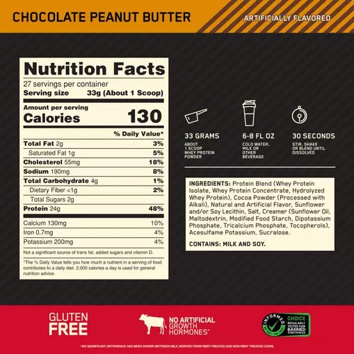 Optimum Nutrition GOLD STANDARD 100% WHEY™ Chocolate Peanut Butter 2 lb (27 Servings) Danmark | BEDTQZ704