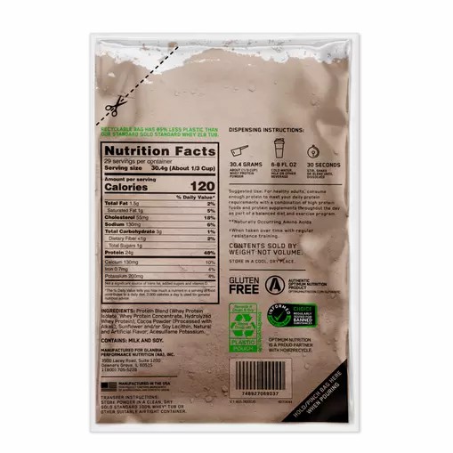 Optimum Nutrition GOLD STANDARD 100% WHEY™ Recyclable Refill Bag Double Rich Chocolate 2 lb (29 Servings) Danmark | BFPZMN618