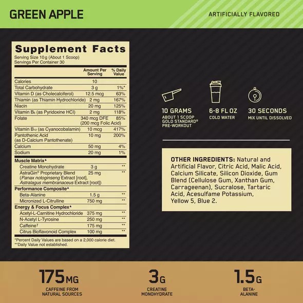 Optimum Nutrition GOLD STANDARD® Pre-Workout Green Apple 0.66 lb (30 Servings) Danmark | UBIMEZ796