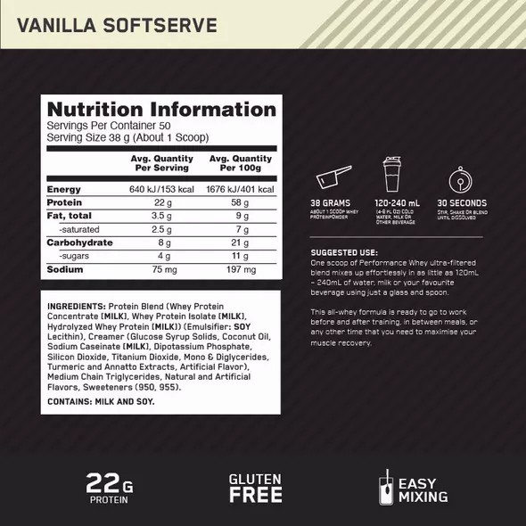 Optimum Nutrition Performance Whey Vanilla 1.95kg Danmark | RFEJTY612