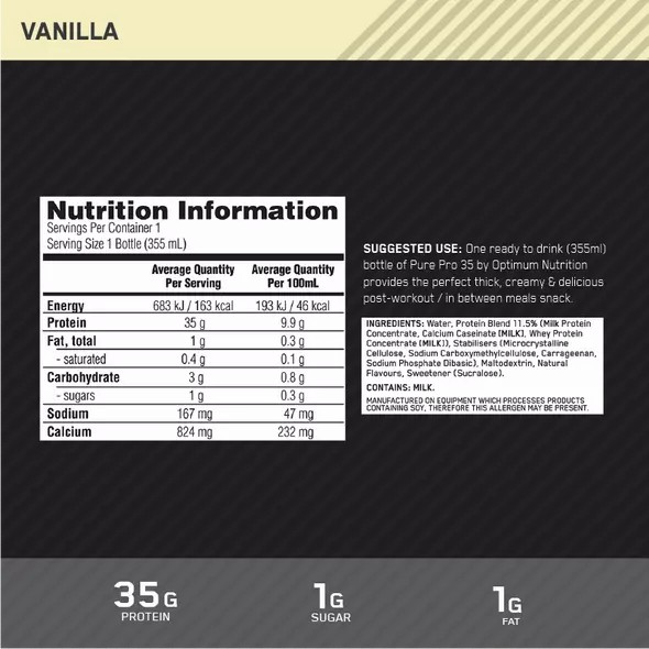 Optimum Nutrition Pure Pro 35 Vanilla 355ml (6 bottles) Danmark | HGMWJP052