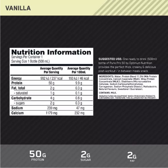 Optimum Nutrition Pure Pro 50 Vanilla 508ml (12 bottles) Danmark | YUTKLQ094
